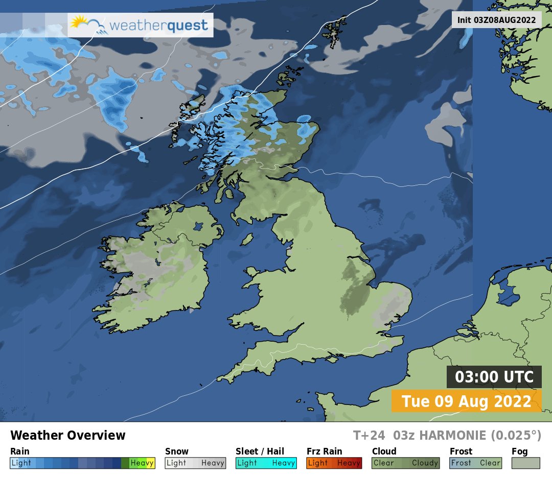 weatherquest_uk's tweet image. Tonight: Dry and largely clear for England, Wales and Ireland, although some mist and fog patches will develop in E Anglia and Ireland during the early hours. Largely cloudy in Scotland with spells of patchy rain. Min 7C.