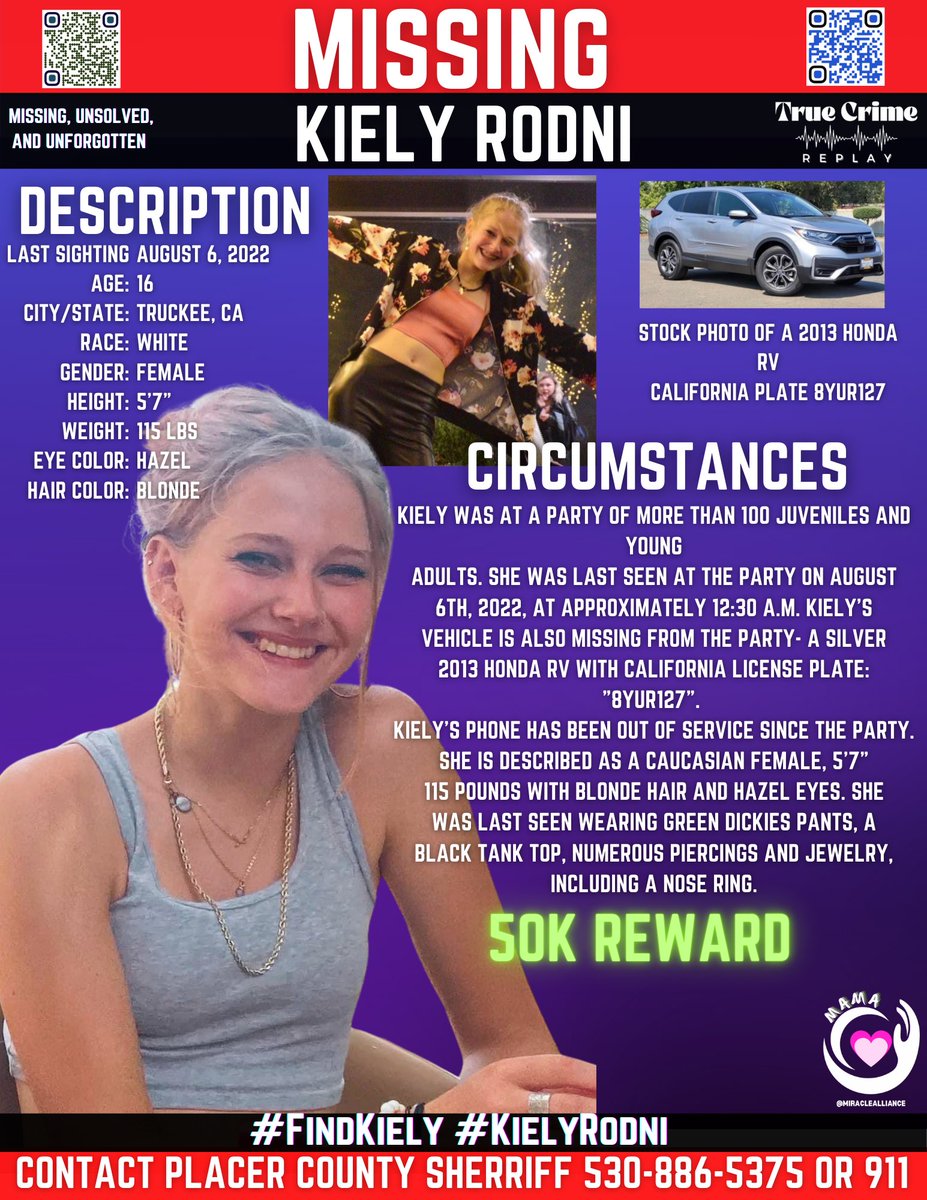 #KielyRodi was at a party and last seen near the Prossner Family Campground before disappearing on August 6th. There is currently a $50k #reward. If you have any information you can remain anonymous. Please help 💜
#missing #missingperson #FindKiely
