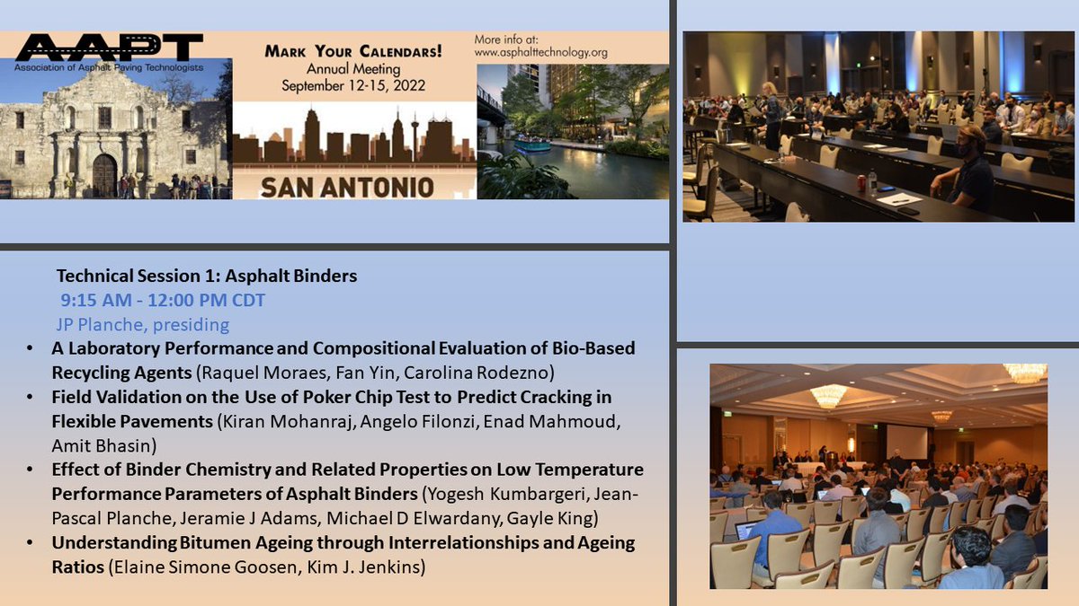 AsphaltTech's tweet image. AAPT2022 annual meeting is almost here. Must attend for everyone with interest in asphalt materials and pavements. Tech Session-1 will focus on asphalt binders. Register here: asphalttechnology.org/site_event_det…