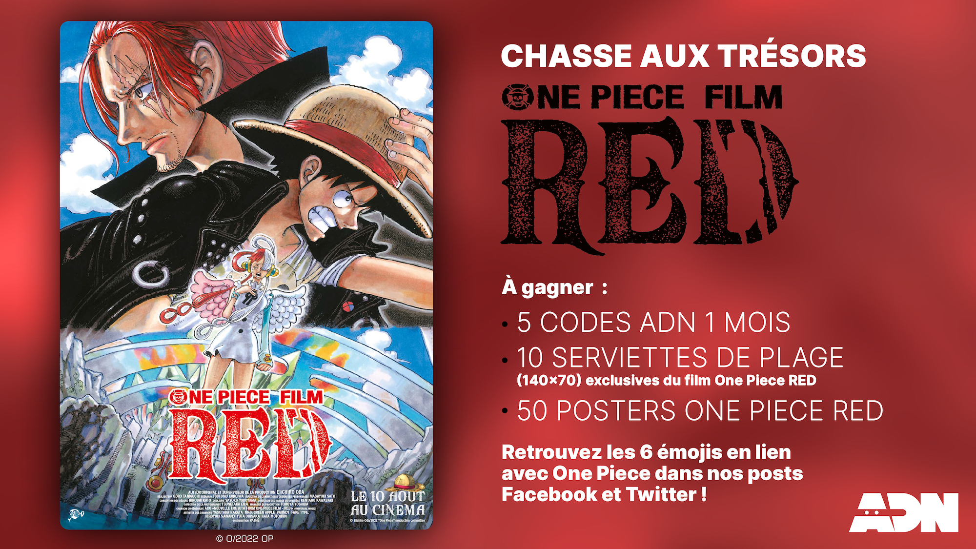 One Piece Red Adn Animation Digital Network on Twitter: "ADN organise une chasse aux trésors pour fêter la sortie de One Piece RED au cinéma le 10 août ! 6 indices se sont dissimulés sur nos