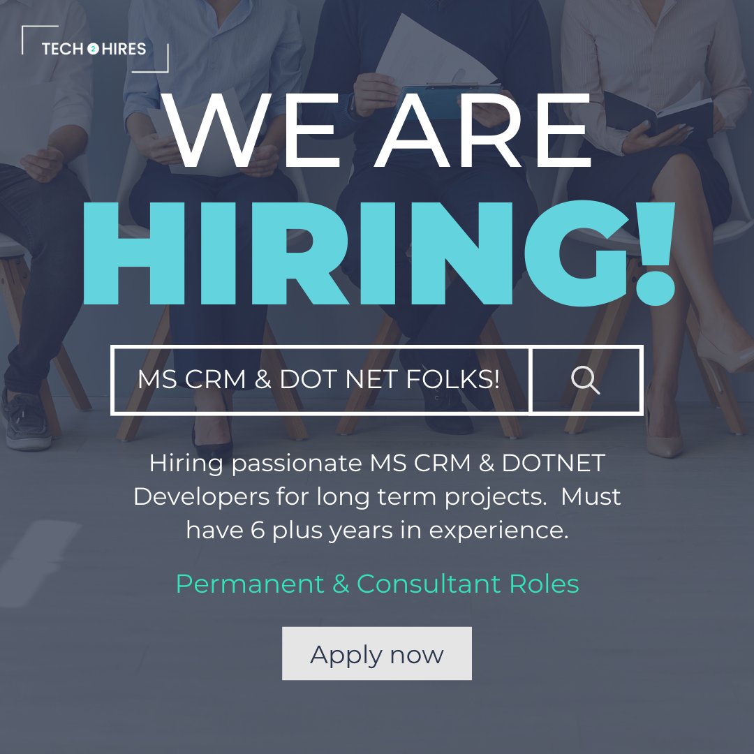 Tech2hires's tweet image. MS CRM &amp;amp; Dot Net jobs in Hyderabad

#Tech2Hires #RajNiranjan #jobs #career #Hyderabadjobs #ITjobs #SoftwareDeveloper #recruitment2022 #JobSearch