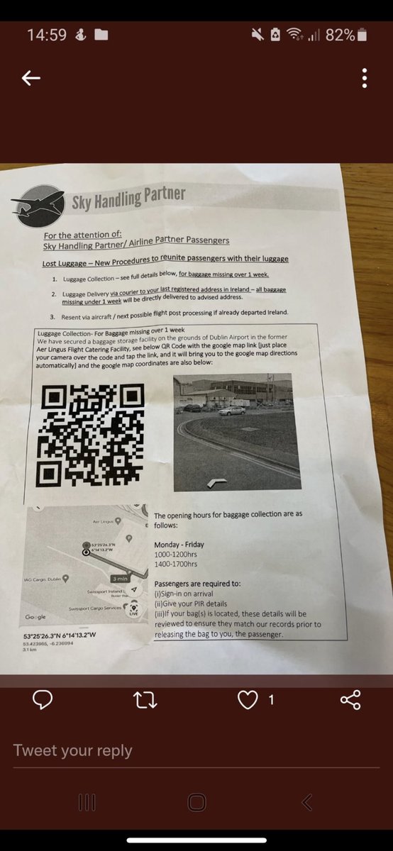 Kmcco's tweet photo. Is there any point in travelling here tomorrow from Donegal? Missing my luggage 3 weeks now  . I have my bag tag / boarding card and missing baggage file details . Please let me know @DublinAirport @AerLingus @skyhandlingpartner @SkyHandling @dublinairportauthority https://t.co/y76oN4UeJc