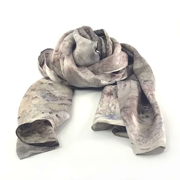 Large Botanical Print Satin Silk Scarf by @clairecawte 
'Naturally dyed using the botanical eco print method with foraged leaves, flowers and metal detritus. Celebrating unique imperfections and the charm of the hand printed process.' 
Available online-
buff.ly/3QqtHI3