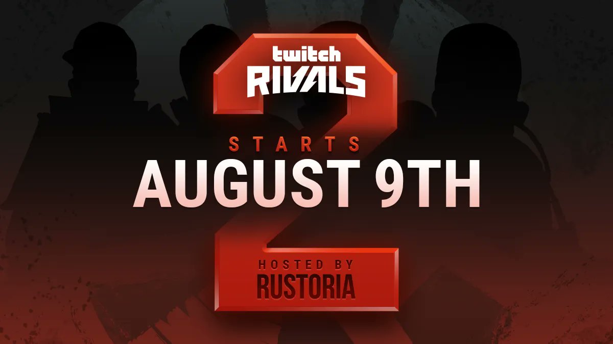 playrust's tweet image. It&apos;s happening!

5 Days  | 4 Teams | Custom map | Twitch Drops

August 9th - August 13th

Rust + @TwitchRivals  + @RustoriaServers

Get set &amp;amp; sync up at:  
twitch.facepunch.com