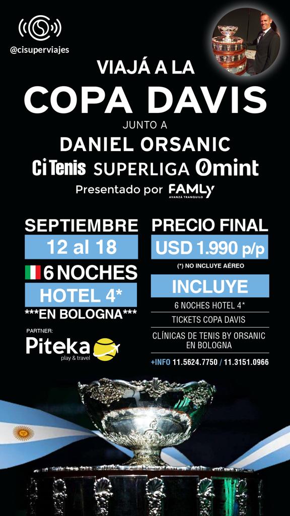 ATENCION FANAS DEL TENIS 
Últimos cupos (sólo queda una habitación doble) para ir a la Copa Davis en Bologna, Italia, con el capitán campeón Daniel Orsanic y <a href="/CItenis/">CItenis</a> / Superliga
No te lo podés perder ‼️‼️