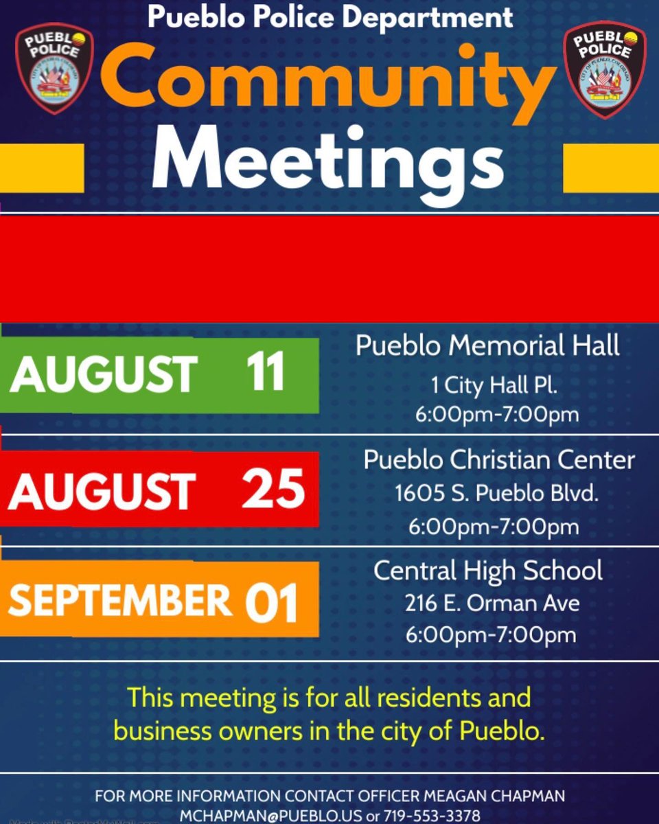 SAVE THE DATE

WHEN: Thursday, August 11th, 2022
WHERE: Pueblo Memorial Hall (1 City Hall Place)
TIME: 6 PM to 7PM

We welcome all residents and business owners in the city of Pueblo to join us.