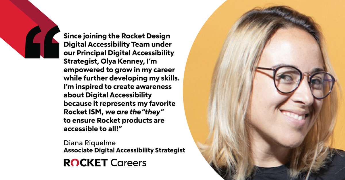 rocketdesign's tweet photo. Looking  for a place to grow and develop your career? Look no further! This week we are featuring Diana, Associate Digital Accessibility Strategist. @RocketCareers 
#teammemberspotlight https://t.co/Gz031iK1FO