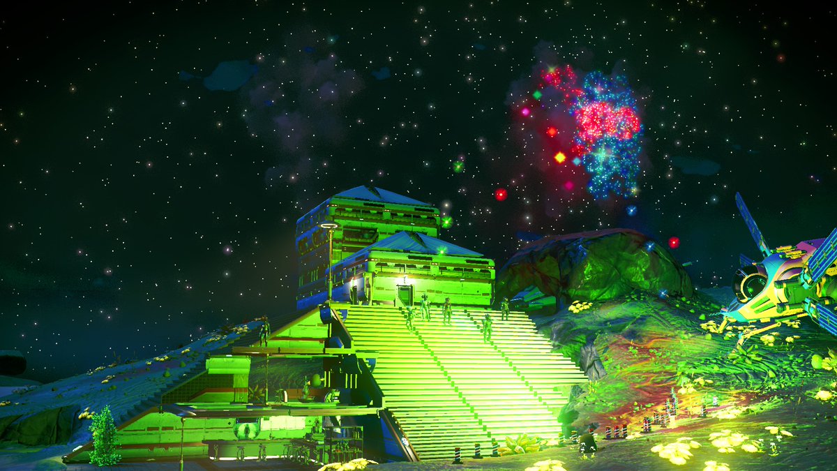 NoMansHighHub's tweet photo. Founders day was a huge success! Thanks to everyone who participated in the build competition and who showed up for the fireworks! Congrats to the winners! #NoMansSky #NoMansHighHub  #VirtualPhotography https://t.co/XeuemxfQ88