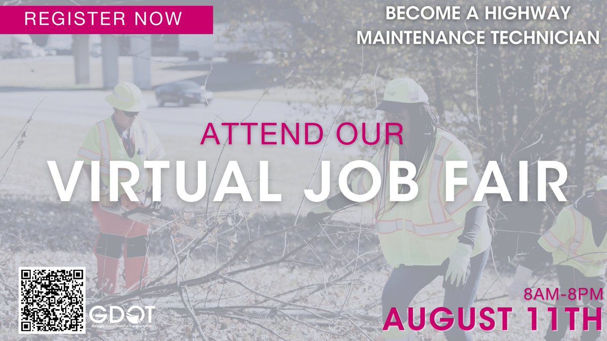 'Become a #HighwayMaintenanceTechnician at GDOT

Benefits include: 
☑ 40-hour work week
☑ On-the-job training
☑ Health insurance benefits
☑ Paid holidays

👉 Visit indeedhi.re/3BFmPCC  to register for the Virtual Job Fair on 8/11 to secure your new career! #ExperienceGDOT