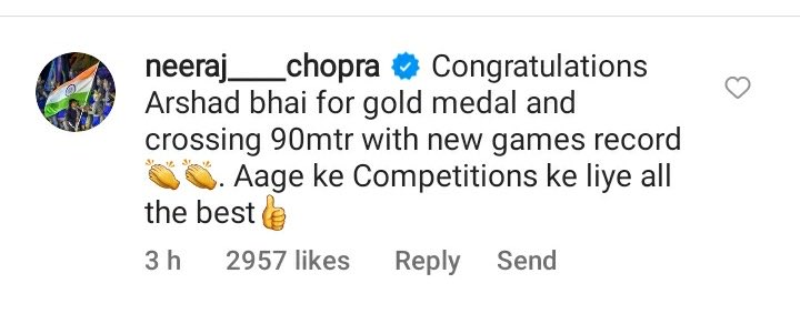 anandmahindra's tweet photo. This is how the world should be… A Gold medal to both of them for demonstrating the difference between competitiveness and enmity. #NeerajChopra #ArshadNadeem https://t.co/F47TeCtJGN