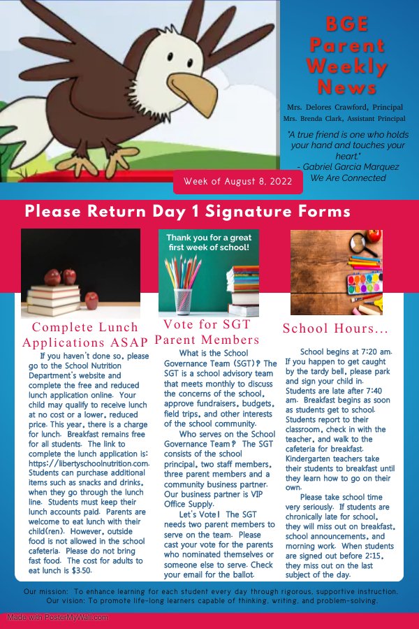 BGE_Eagles's tweet photo. Hello, Eagles!  Please read Mrs. Crawford's Weekly Newsletter for our BGE Community. Have a great week! https://t.co/6UI6i1MXdb