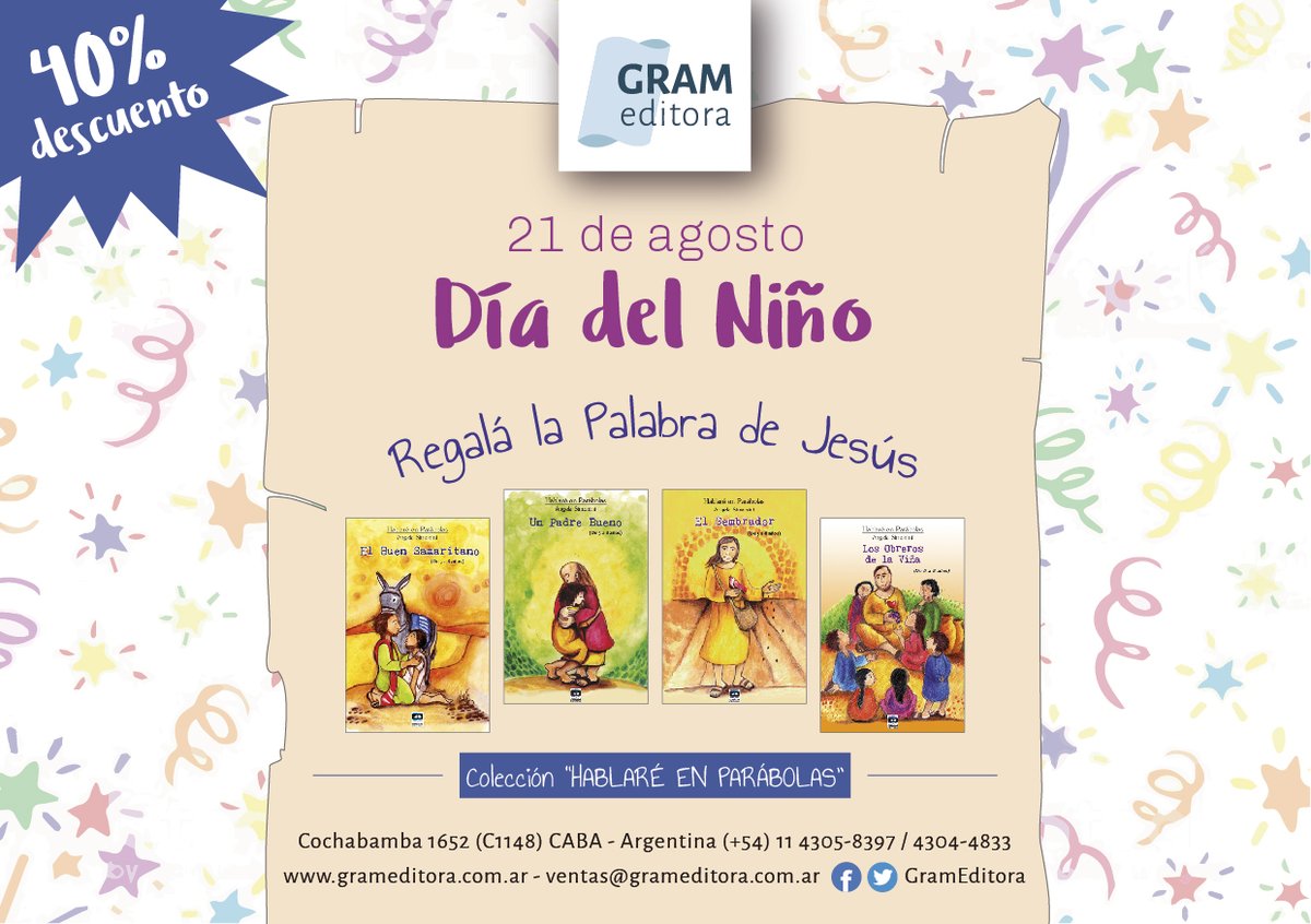 GRAMEDITORA's tweet photo. Nuestras colecciones en oferta !!!!!!
-40% por el día del niño!!

REGALÁ LA PALABRA DE JESÚS

Colecciones:
---- Semillitas ----
---- Hablaré en Parábolas ----
---- Historias de la Biblia ----

ventas@grameditora.com.ar https://t.co/0hL3L6SbYI