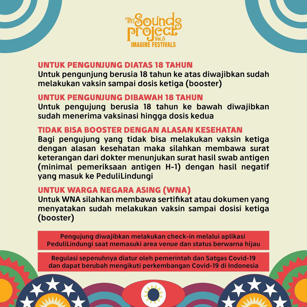 soundsproject_'s tweet photo. 𝗥𝗘𝗚𝗨𝗟𝗔𝗦𝗜 𝗩𝗔𝗞𝗦𝗜𝗡 𝗖𝗢𝗩𝗜𝗗-𝟭𝟵

Sebagai bentuk dukungan kepada pemerintah untuk program vaksinasi booster, berikut adalah regulasi untuk visitor The Sounds Project. https://t.co/DEaTkNMZP9