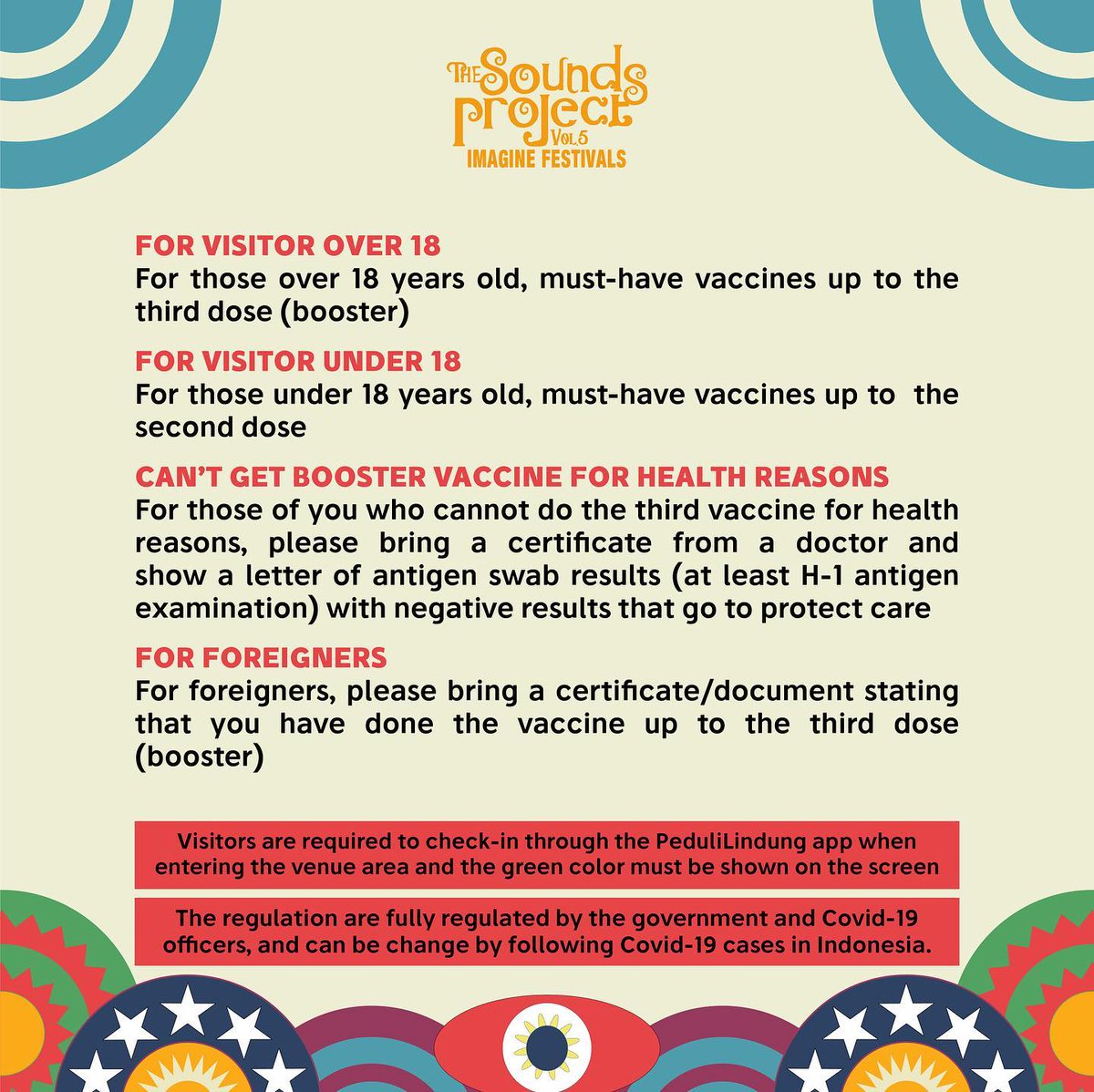 soundsproject_'s tweet photo. 𝗥𝗘𝗚𝗨𝗟𝗔𝗦𝗜 𝗩𝗔𝗞𝗦𝗜𝗡 𝗖𝗢𝗩𝗜𝗗-𝟭𝟵

Sebagai bentuk dukungan kepada pemerintah untuk program vaksinasi booster, berikut adalah regulasi untuk visitor The Sounds Project. https://t.co/DEaTkNMZP9
