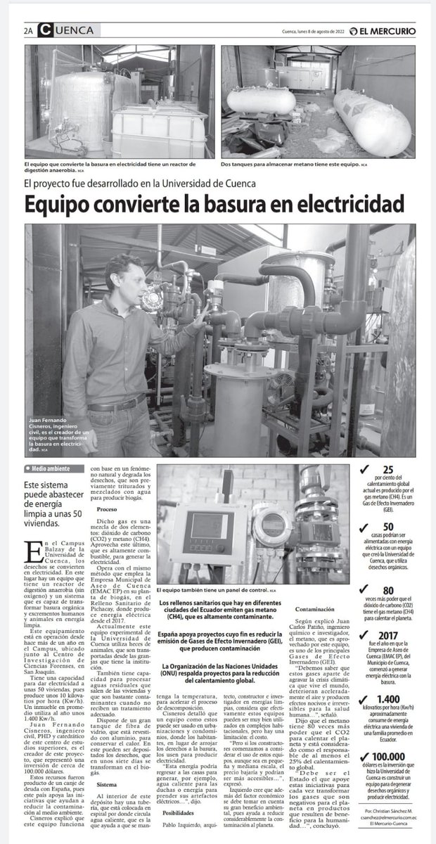 Investiga_UDC's tweet photo. #UCuencaEnMedios| Te invitamos a leer el reportaje de @elmercurioec referido al #Biorreactor, equipo que permite transformar desechos orgánicos en biogás, y es parte del Laboratorio de Bioenergía de la @udecuenca; implementado gracias a los fondos del Canje de Deuda con #España. https://t.co/ssDpMt1HKa