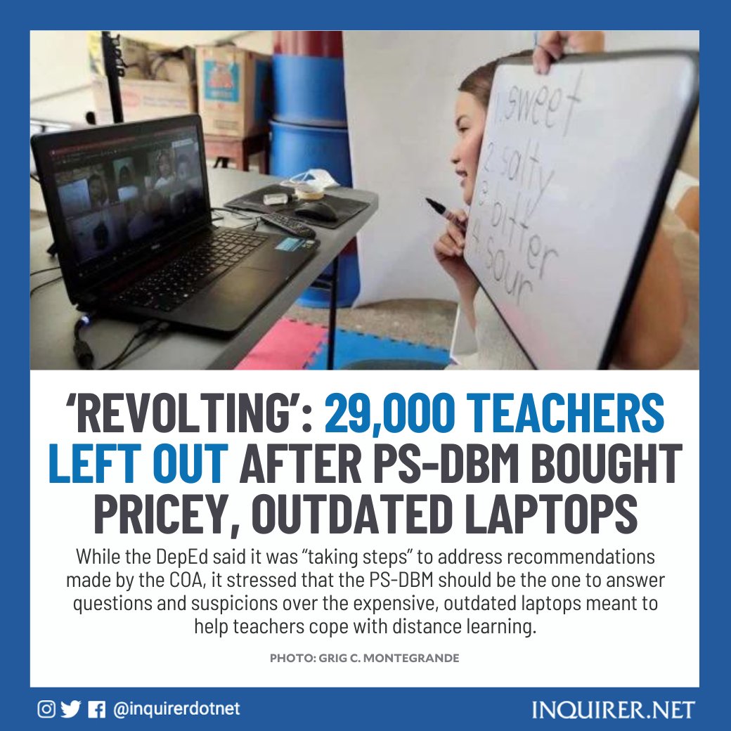 inquirerdotnet's tweet photo. “While our teachers are forced to take loans to buy their own laptops, it hurts to know that the government has funds that end up buying overpriced and outdated laptops that cannot be used in teaching."

READ: https://t.co/QgRDaYqiMY https://t.co/REPL5XNU0p