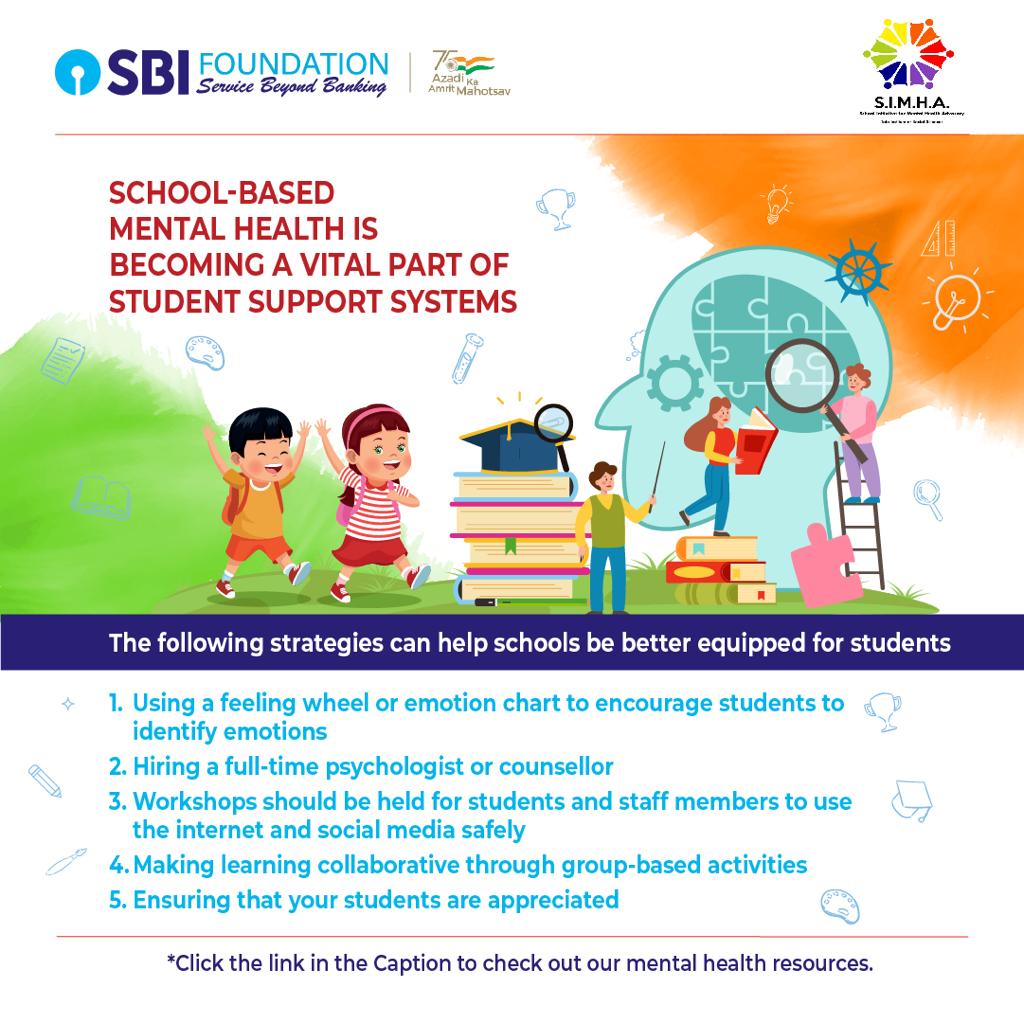 SBI_FOUNDATION's tweet photo. Here are 5 approaches through which schools can facilitate a critical role in the development and growth of students' mental health.

Check out our mental health resources here👇

https://t.co/iCHWD1QZES https://t.co/QraX6agc7o