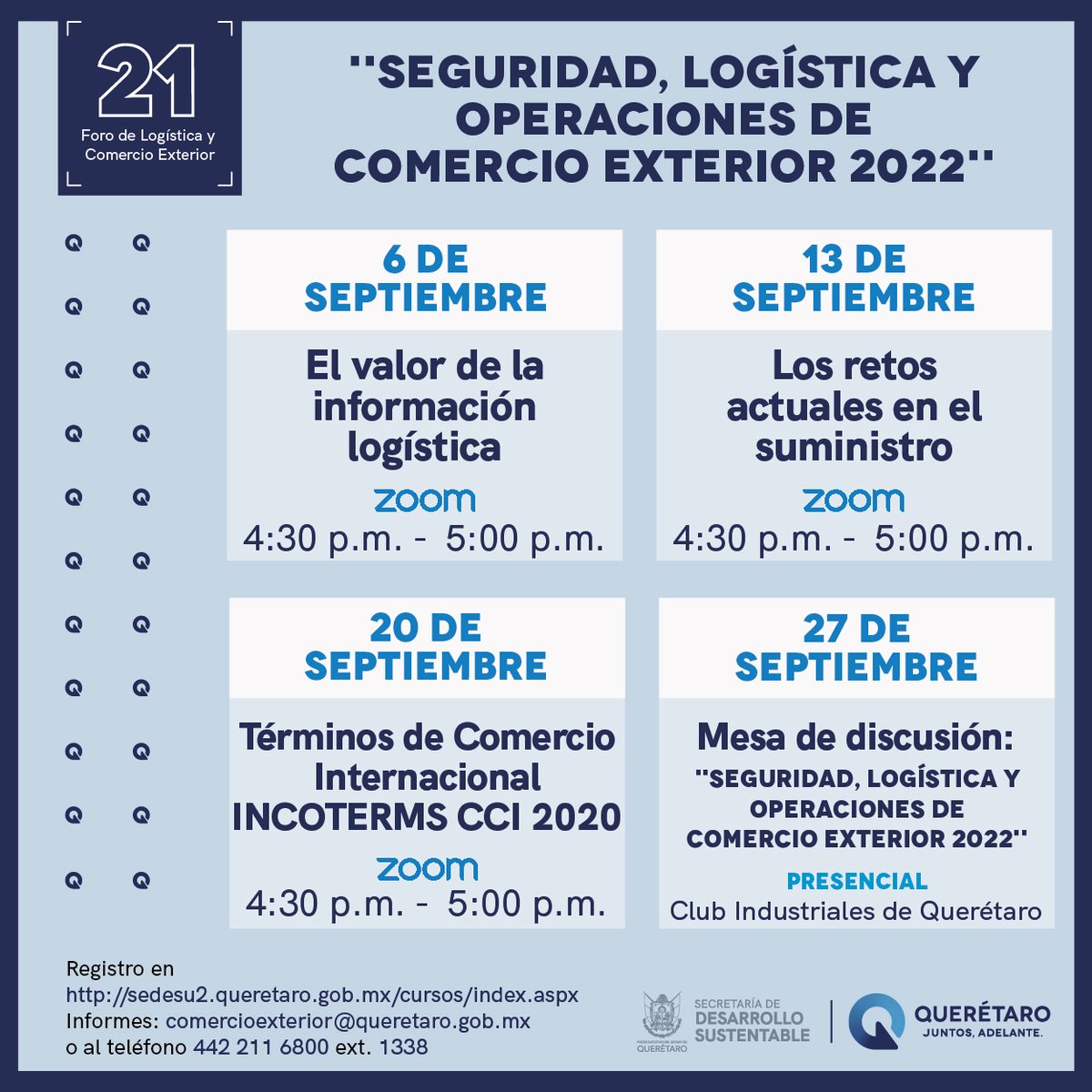 SEDESUQro's tweet photo. ¡Excelente inicio de semana! Te invitamos a participar en el 21 Foro de Logística, esta edición está dedicada a “Seguridad, Logística y Operaciones de Comercio Exterior 2022”, regístrate en: https://t.co/pECdYWH7Ig #LunesDePyMEs #JuntosAdelante https://t.co/IfHrHoyjb6
