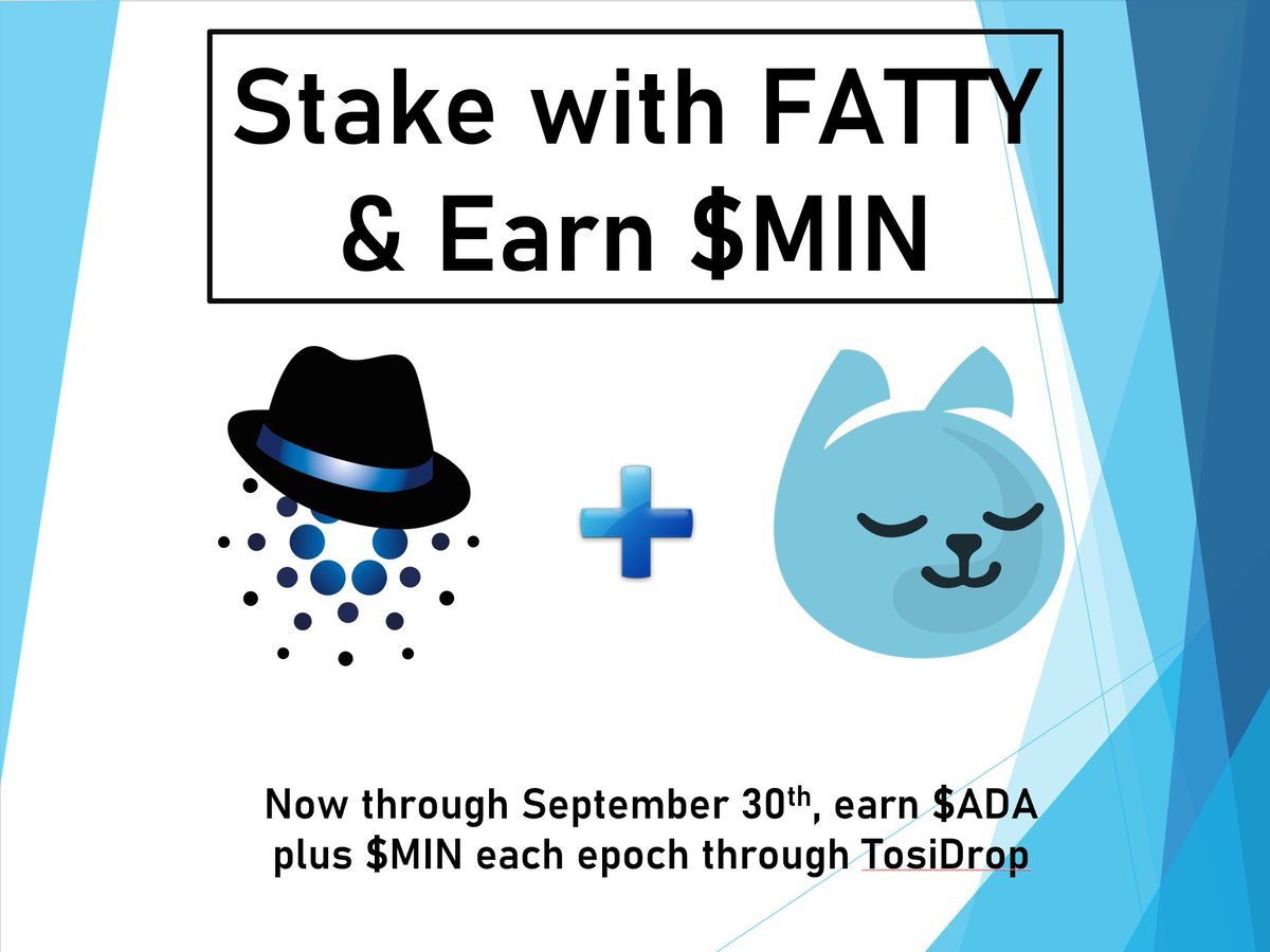 fatmattstaking's tweet photo. Good news for all current and future delegators. Starting next epoch we will be giving away $MIN tokens in addition to your normal $ADA #staking rewards.

Looking to garner some extra value with your #Cardano? Now you can with FATTY!

Our way of saying thanks for trusting us! 😊 https://t.co/8VDt6xz95I