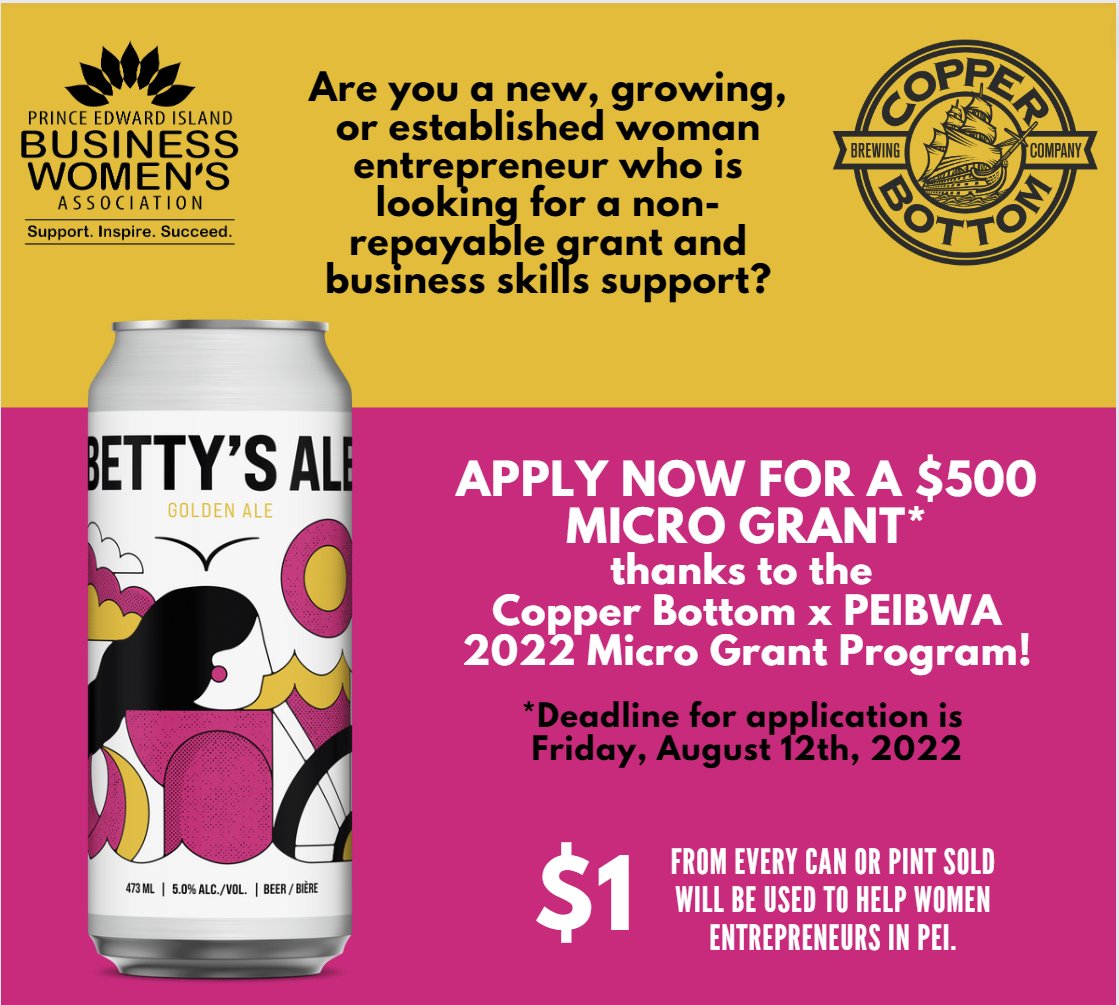 PEIBWA (@peibwa) on Twitter photo ๐ฃ Are you a new, growing, or established woman entrepreneur who is looking for a non-repayable grant and business skills support?
โ THIS IS THE LAST WEEK TO APPLY FOR A $500 MICRO GRANT thanks to the <a href="/copperbrews/">Copper Bottom Brewing</a> x PEIBWA 2022 Micro Grant Program! ๐ forms.gle/RFQZkAy8PqsJ9Xโฆ ๐ฃ Are you a new, growing, or established woman entrepreneur who is looking for a non-repayable grant and business skills support?
โ THIS IS THE LAST WEEK TO APPLY FOR A $500 MICRO GRANT thanks to the <a href="/copperbrews/">Copper Bottom Brewing</a> x PEIBWA 2022 Micro Grant Program! ๐ forms.gle/RFQZkAy8PqsJ9Xโฆ