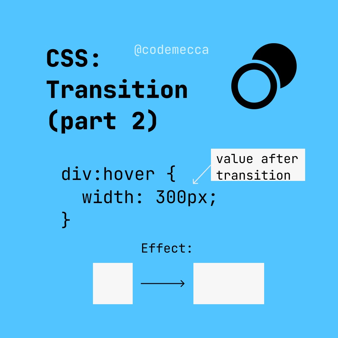 CodeMecca's tweet image. The effect shows what the transition code shown above will do.

Check previous graphic for default property value

#css #webdevelopment #coding #programming #visualize #learning #free 

Graphic by: @bernardolin0524