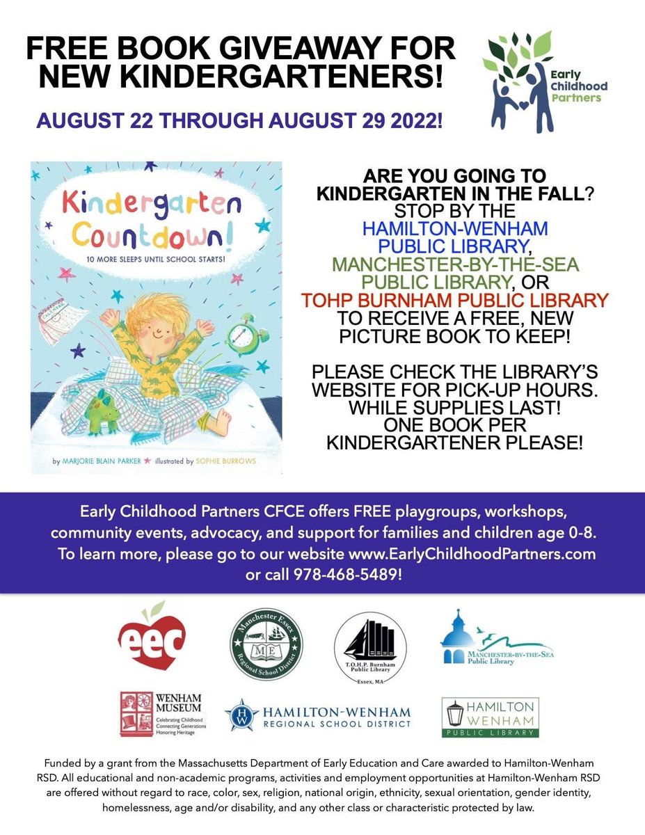 HamWenCFCE's tweet photo. Mark your calendar to pick up your copy of "Kindergarten Countdown" from our community partners at the TOHP Burnham Public Library, @HWLibraryKids, or @ManchesterPL!
#EarlyChildhoodPartnersCFCE #EEC #CFCE #manchesterbythesea #manchesterma #essexma #hamiltonma #wenhamma https://t.co/KhiikRNv6C