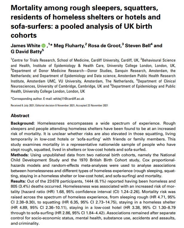 Large research in 🇬🇧 shows that #homelessness (in all forms from rough sleeping to sofa surfing as young adult) is associated with increased mortality of 68 % - even after correcting for substance abuse and mental health problems. 

Free access academic.oup.com/ije/article/51…