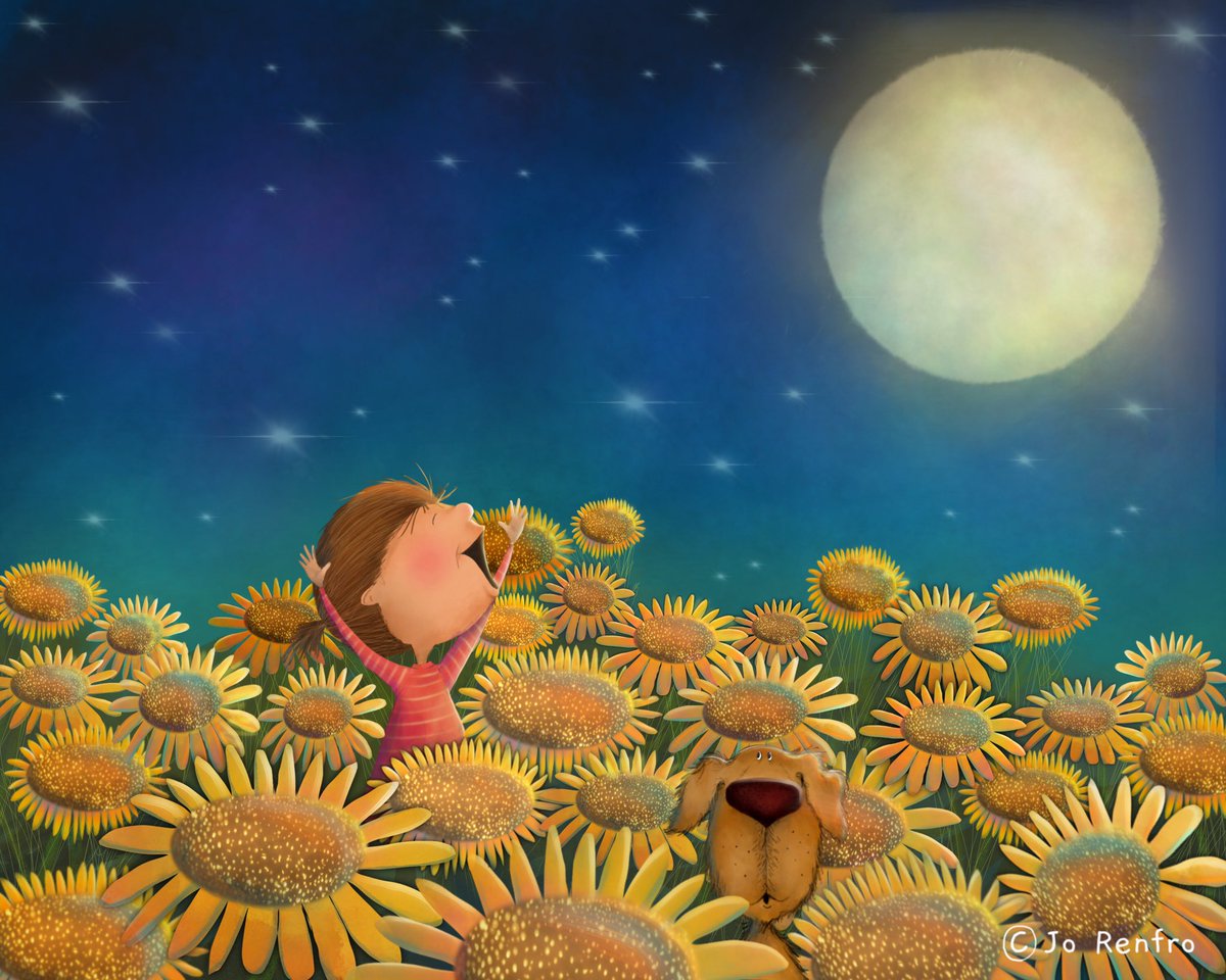 A little late for #colour_collective but here ya go. Sunflowers in the moonlight. #kidlitart #kidlitartist