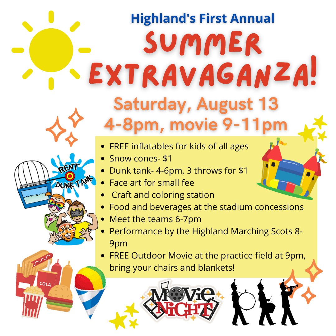 ★¸.•☆•.¸★ Highland's First Annual Summer Extravaganza Saturday, August 13! ★⡀.•☆•.★
4-11pm at the Stadium! Join us for a night filled with fun!

<a href="/HMS_Scots/">Highland Middle School</a> <a href="/HighElem/">Highland Elementary</a> <a href="/Yearbook_HLSD/">Highland Yearbook</a> <a href="/HLSD_AD/">Highland AD</a> <a href="/nate_huffman4/">Nate Huffman</a> <a href="/scotsection_20/">SCOT NATION 💙⚔️❤️</a> <a href="/ScotsGuidance/">MrsPauley MsKennedy</a> <a href="/MarchingScots/">HIGHLAND MARCHING SCOTS</a> <a href="/hlsdsports/">Highland Athletics</a>