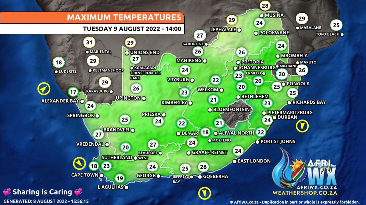 afriwx's tweet photo. Your Maximum Temperatures for Tomorrow - Tuesday 9 August 2022 - #WeatherForecast #AfriWX #weathermaps https://t.co/hvwzejlrkU