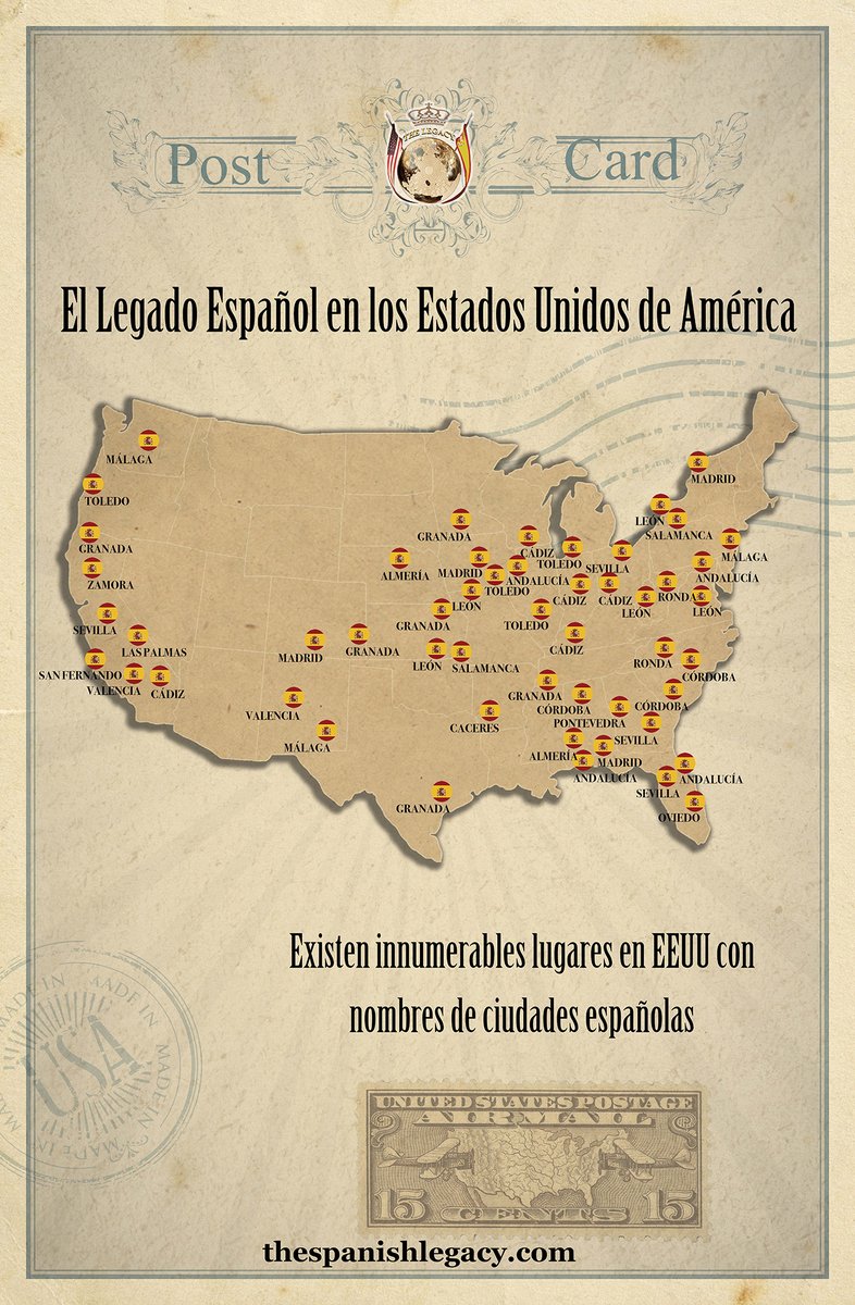 thespanishlegcy's tweet photo. ¿Que si es visible aún el Legado de España en los EEUU? Aquí os dejamos una muestra de las muchas que existen: este mapa con los lugares norteamericanos que portan nombres de ciudades españolas para imaginarlo. ¡Y estamos seguros de que hay más! #AprendiendoAdefenderLoNuestro🇪🇸🇺🇸 https://t.co/TYMHqPSWLd