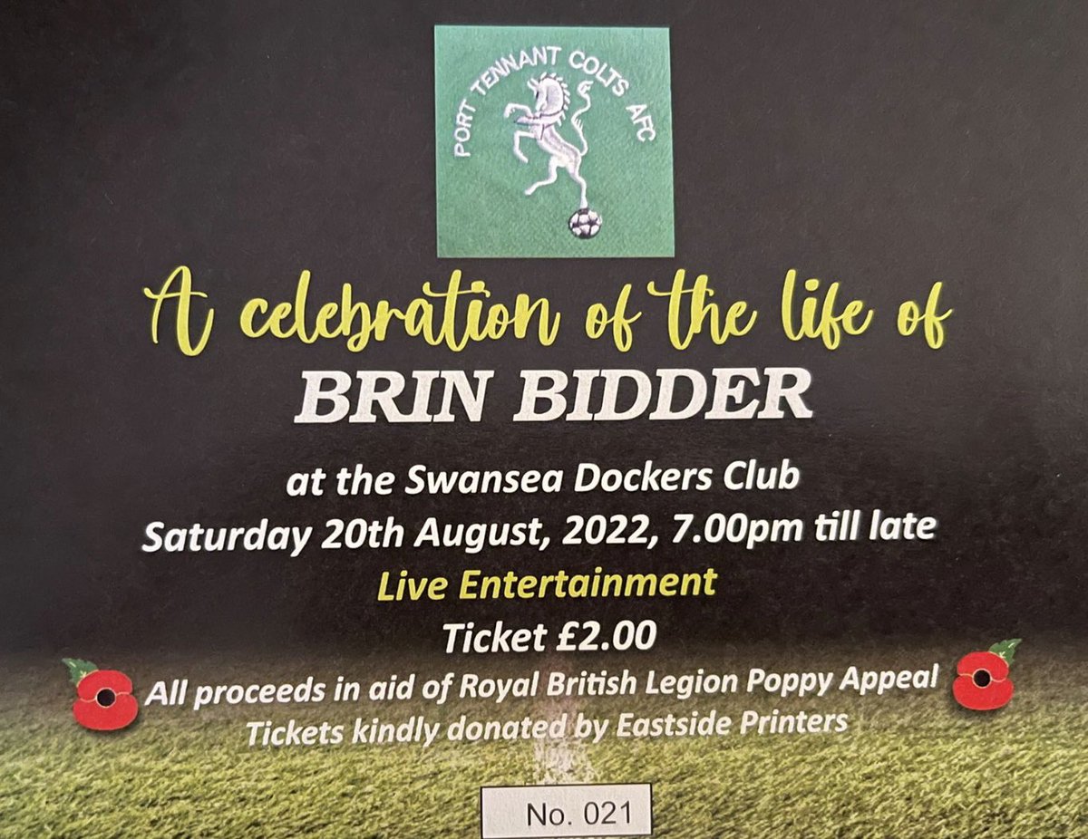 Ptcolts123's tweet photo. A celebration of the life of our founder Brin Bidder 20/8/2022 (Ticket Only)
The Annual Brin Bidder Memorial Match 13/8/22 all welcome

All proceeds donated to The Royal British Legion. 💚 https://t.co/NH1ORvyvOx