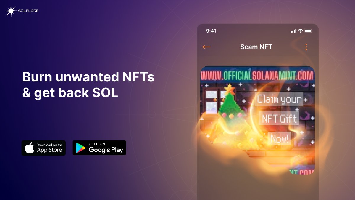 solflare's tweet photo. One of our most expected features is here: 
Burn NFTs for mobile! 🔥

❌Delete unwanted NFTs cluttering your gallery
💰Get back SOL from deleting scam NFTs 

#SolanaNFT #NFTs 

Try it out on your Mobile and get back SOL now 👇 https://t.co/CSpFO70hMj
