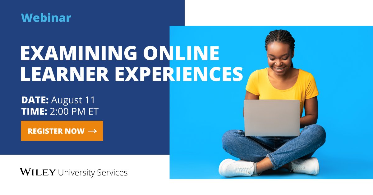 WileyUniServcs's tweet photo. New webinar coming soon: Examining Online Learner Experiences 2022 👀
 
Elevate your university’s #OnlineLearning experience with feedback from over 2,000 current #students. Register now: https://t.co/g6q0AHLDAa https://t.co/SqvRR79Nco
