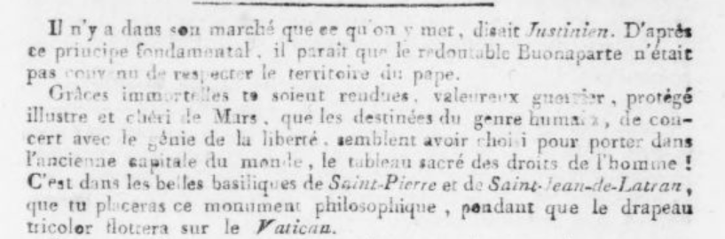 A revolutionary newspaper celebrates the surrender of the Papal States in 1797, and looks forward to Napoleon flying the tricolor over the Vatican, and installing a monument to the Rights of Man in Saint Peter's Basilica.