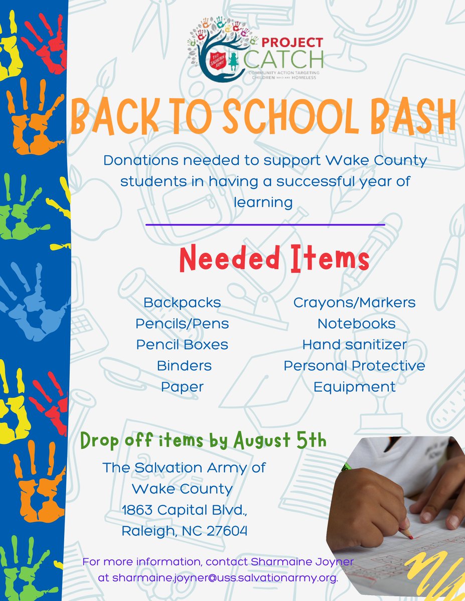 WakeCountyArmy's tweet photo. #wakearmy Project CATCH's Back to School Bash is fast approaching. You still have time to donate school supplies to children in need. Backpacks, calculators, planners. Please drop your donations off to the Center of Hope, 1863 Capital Blvd., Raleigh, Mon-Thurs. 8a-5p, Fri. 8a-2p. https://t.co/X1okfhp0ln