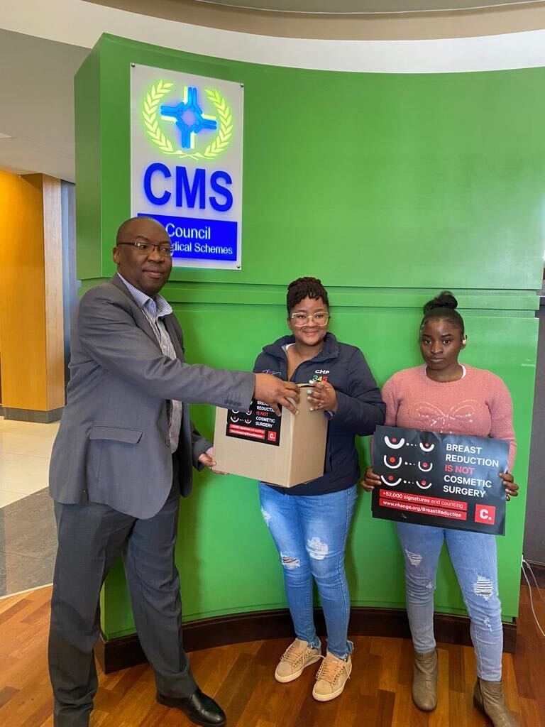 ChangeorgSA's tweet photo. A petition was delivered today @BRSupportSA to the 
@CMSCares4u

@CMSCares4u: committed to ensuring equitable access to care, and this petition which was started to ensure that Breast Reduction is NOT mandated as just a cosmetic surgery.

https://t.co/zSsdweH1rw

#BreastReduction https://t.co/cuNcX0u02o