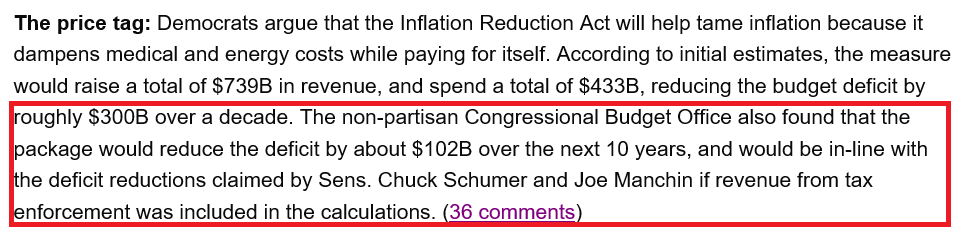 CVDmarkets's tweet photo. According to the Congressional Budget Office, the Inflation Reduction Act will reduce the deficit by $400 billion in 10 YEARS....

By spending $433 BILLION now.... These morons actually did the math and still think it's smart https://t.co/Kvbj5SwmvZ