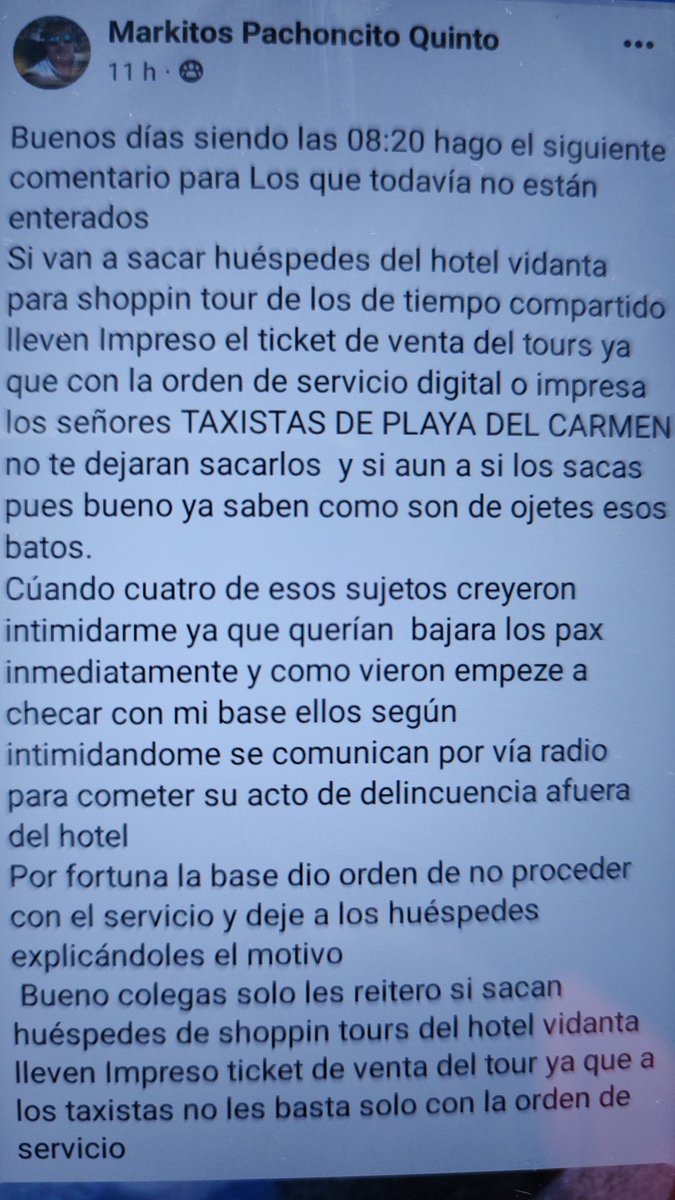 movimientoTOUR's tweet photo. Atención inútil de @j_perez_p, pon a trabajar tu gente de @imoveqroo para que los @TaxistasPlaya le bajen tres rayitas pues ellos no son autoridad para verificar vehículos y en menos en zona federal @SCT_QuintanaRoo.
Que quede claro, no lo vamos a permitir ..! Ojo @CarlosJoaquin. https://t.co/Bovh41etmp