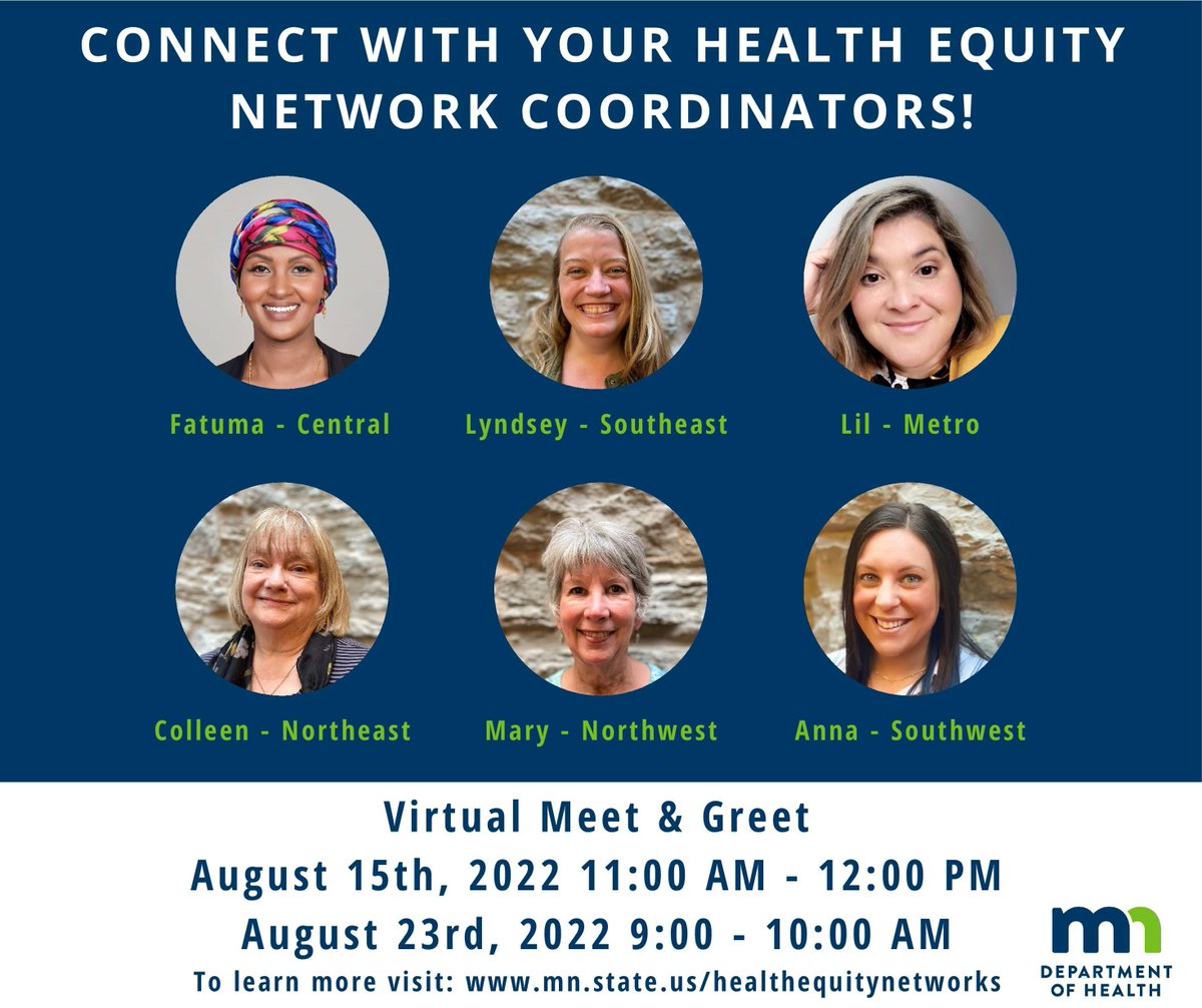 mnhealth's tweet photo. We want you to join YOUR Minnesota Health Equity Networks! Want to learn more? 

Join us, your regional coordinators, on August 15 or 23 to meet the team and ask questions! https://t.co/GxSvxaRVMe https://t.co/N1FnJRY7l6