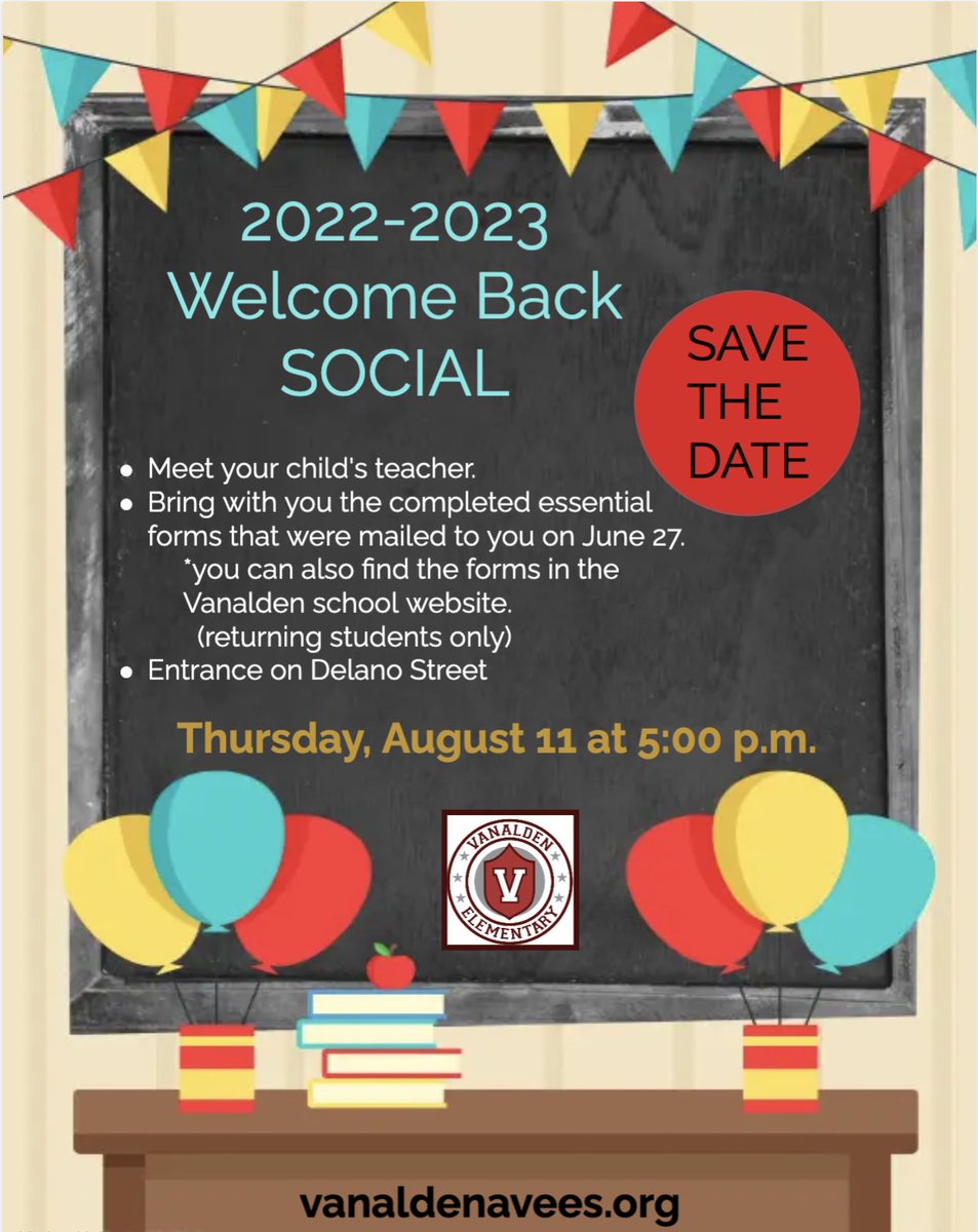 1st-5th Grade Vanalden Families, Save the Date! Thursday, August 11, from 5:00pm-6:00pm is Vanalden's Welcome Back Social! Your student and family is invited to come to Vanalden and meet their teacher for the upcoming school year! Make sure to check out ClassDojo for procedures!