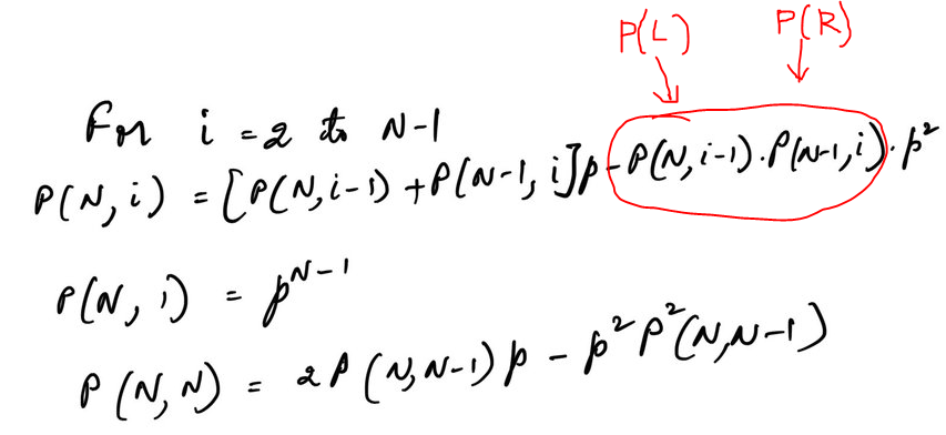 ali_geeee's tweet photo. @ptrajeev @xaqwg Again, the issue is independence. Here you have P(L)*P(R), when instead what you want is P(L ∩ R). These two are only equal if L and R are independent, but they are not in this case.

Also, numerical calculations show that p=0.7 should give ~0.57, and not 0.82. https://t.co/sU9687x0fq
