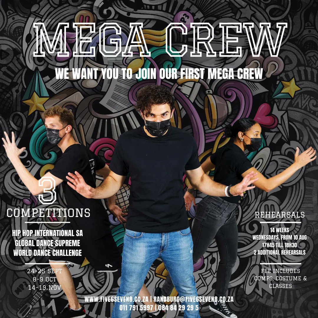 five6seven8ds's tweet image. Do you want to be part of a Mega Crew?

Email us at randburg@five6seven8.co.za to find out more.

#megacrew #hiphopcrew #dancecrew #hiphop #dance #linden #ferndale #randpark #randburg #hiphopinternational #hiphopinternationalsa #globaldancesupreme #worlddancechallenge