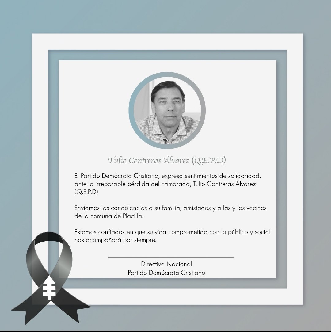 Expresamos nuestra solidaridad ante el fallecimiento del camarada, Tulio Contreras Álvarez (Q.E.P.D) 

Enviamos las condolencias a su familia y a las y los vecinos de Placilla. 
Estamos confiados en que su vida comprometida con lo público y social nos acompañará por siempre.🌹
