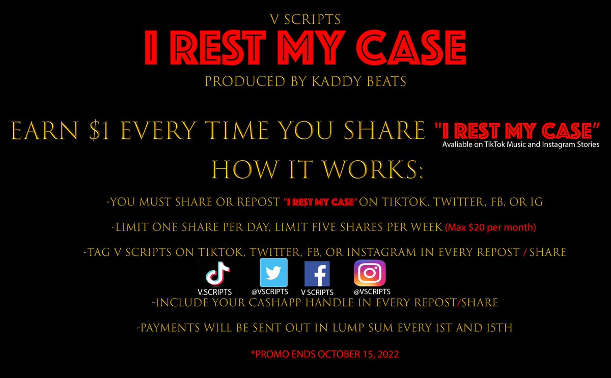 Invest in yourself. 
"I Rest My Case" is now live everywhere! Follow the rules below and share it up! Get paid to share! 5 shares a week and I'm buying your Starbucks coffee. 20 shares a month and I'm paying your Netflix that month lol. 
SHARE! 
open.spotify.com/track/2gSoDfNL…