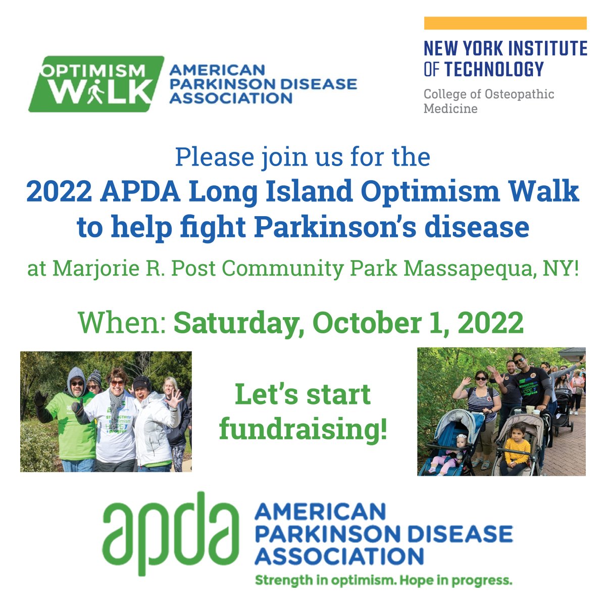 NYITCOMDO's tweet photo. Join our team for the APDA Optimism Walk on Long Island to help fight Parkinson’s disease!
Let’s start fundraising! Click here https://t.co/3yaASquezj
@NYITPDCenter @NYITCOMAR @nyit @NYITsportsmed
#Parkinsons #optimismwalk @APDAParkinsons https://t.co/pIeoEFhs15