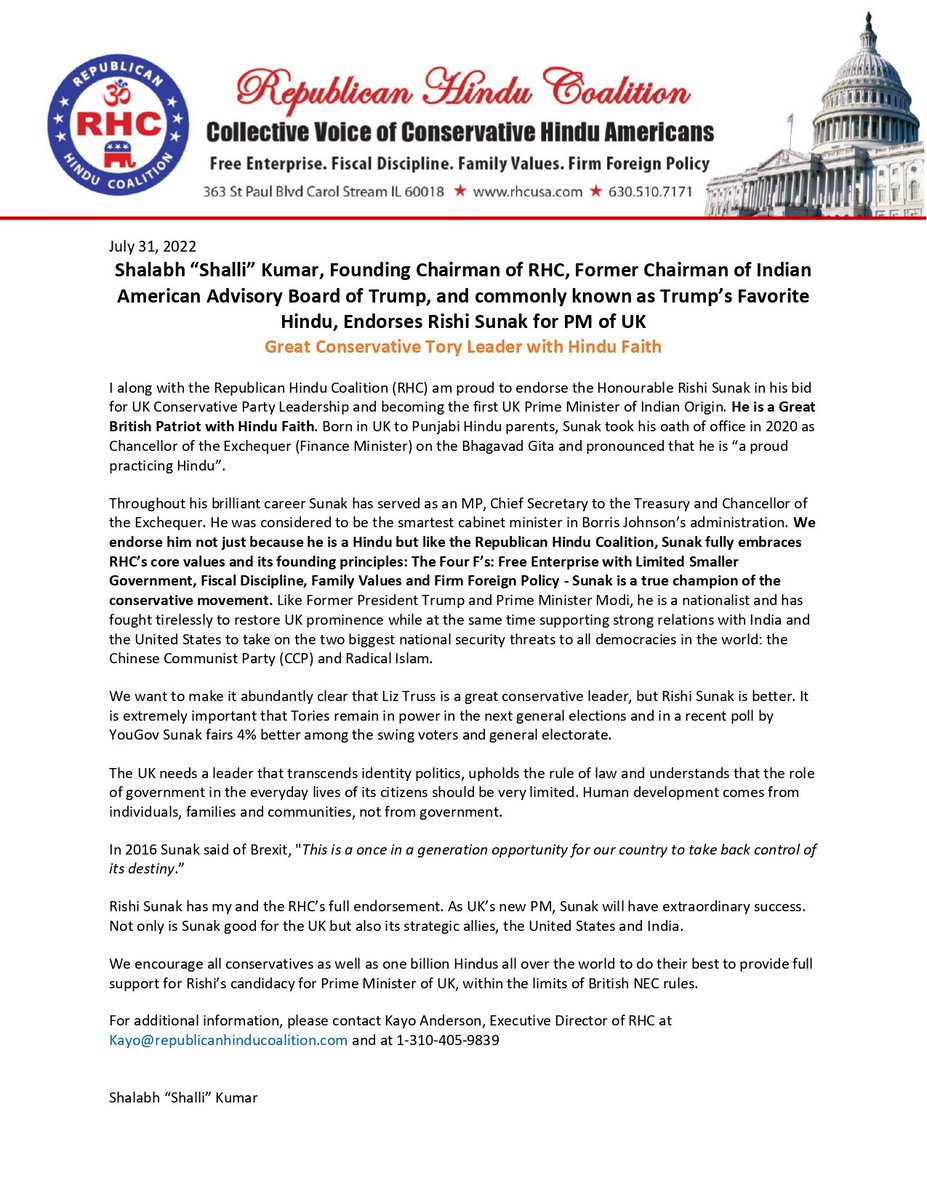 <a href="/RHC_USA/">RHC-USA</a> endorses #Sunak for #UKPM. Great British Patriot with #Hindu Faith. Best #tory to defeat #UKLabourParty in next elections. Great for #USA #UK #India alliance. See  Endorsement. <a href="/RishiSunak/">Rishi Sunak</a> <a href="/narendramodi/">Narendra Modi</a> <a href="/Ramlal/">रामलाल</a> <a href="/yogrishiramdev/">स्वामी रामदेव</a> <a href="/sudhirchaudhary/">Sudhir Chaudhary</a> <a href="/newtgingrich/">Newt Gingrich</a> <a href="/republic/">Republic</a>