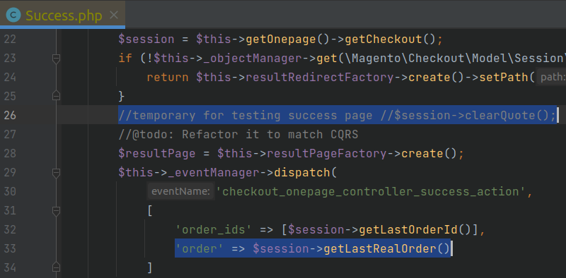frontenno_nl's tweet photo. TIL #magento checkout_onepage_controller_success_action provides order details so no need to write yr own logic. 

You can refresh + test the success page by commenting out the $session->clearQuote() in vendor/magento/module-checkout/Controller/Onepage/Success.php . https://t.co/iydRKC8QZc