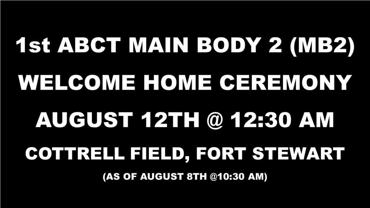 3rd_Infantry's tweet image. Raider 1st Armored Brigade Combat Team, 3rd Infantry Division Main Body 2 (MB2) Welcome Home Ceremony will be held on August 12th at 12:30 a.m. on Cottrell Field on Fort Stewart. 
Please see the following link for ceremony updates. 
home.army.mil/.../dptms-head…
#RaidersFirst #ROTM