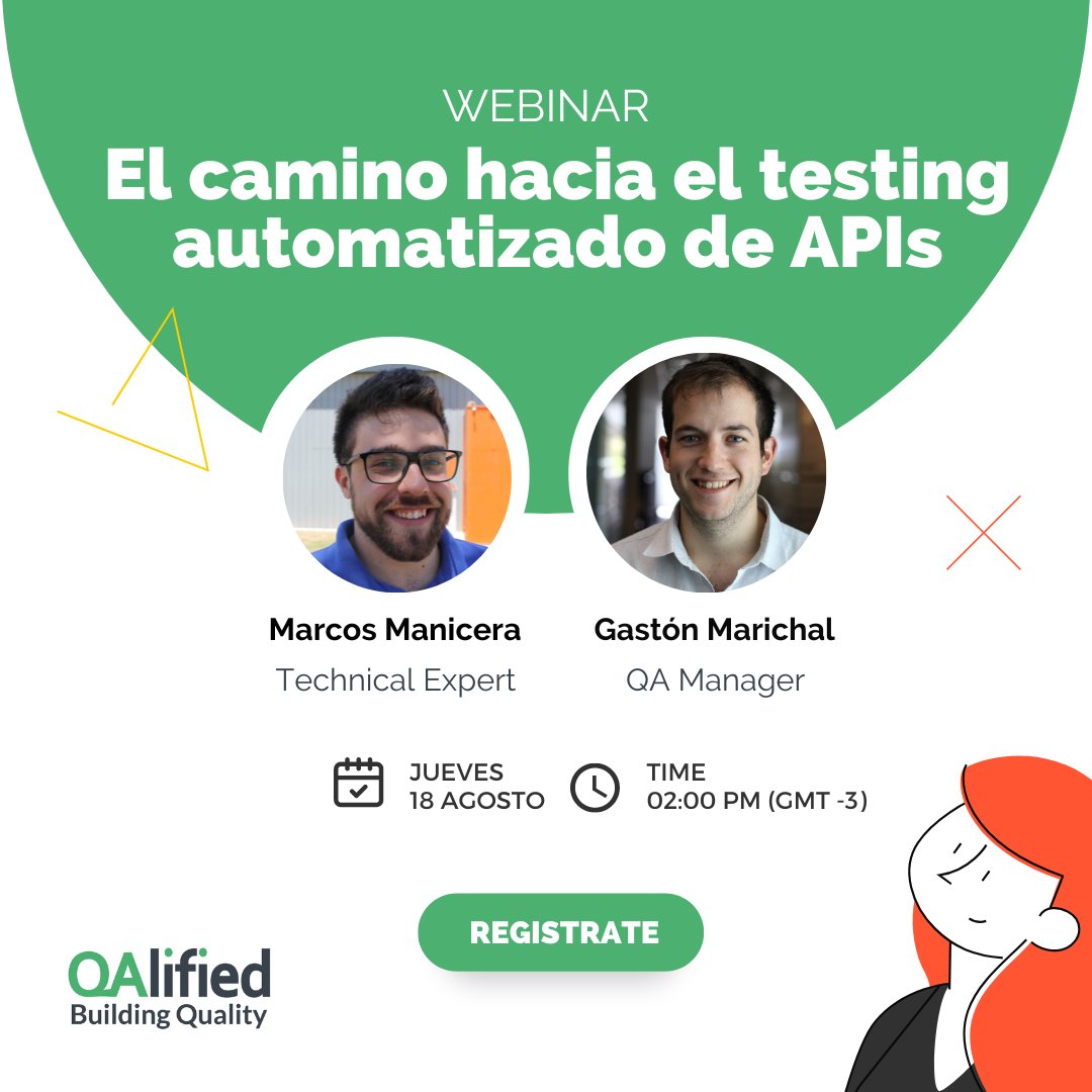 Nuevo Webinar #QAlified: El camino hacia el testing automatizado de APIs
 
Inscripciones: bit.ly/3A5BMN7
🗓️ 18 de agosto
⏰ 14:00h (UTC-3)

#TestingAutomatizado #Apis #Testing #Test #pruebasautomatizadas